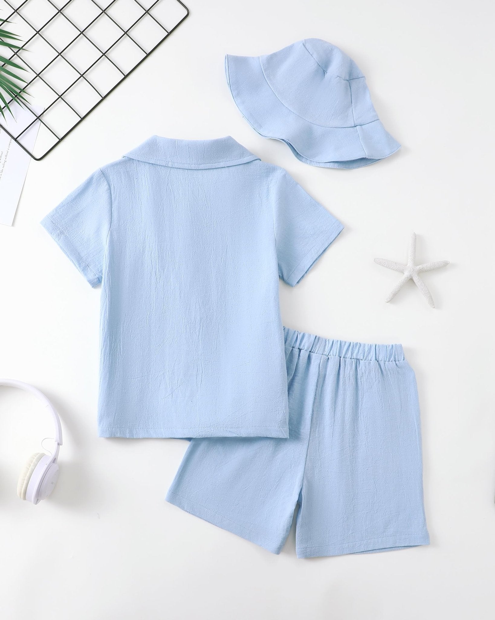 Boys Summer Clothes Linen Button Down Shirts And Short Set Big Kid Beach Vacation Short Sleeve Outfits With Hat