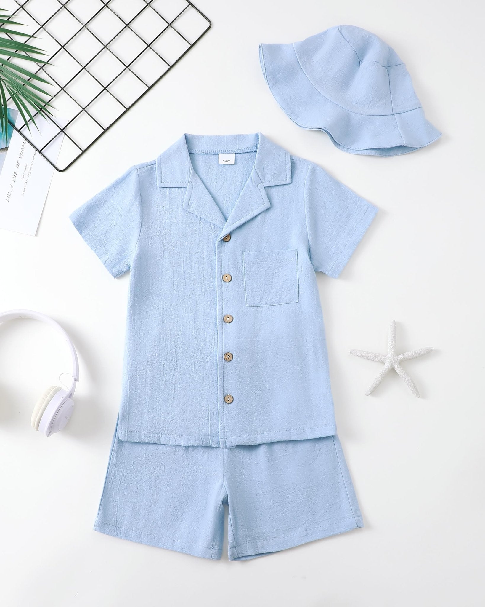 Boys Summer Clothes Linen Button Down Shirts And Short Set Big Kid Beach Vacation Short Sleeve Outfits With Hat