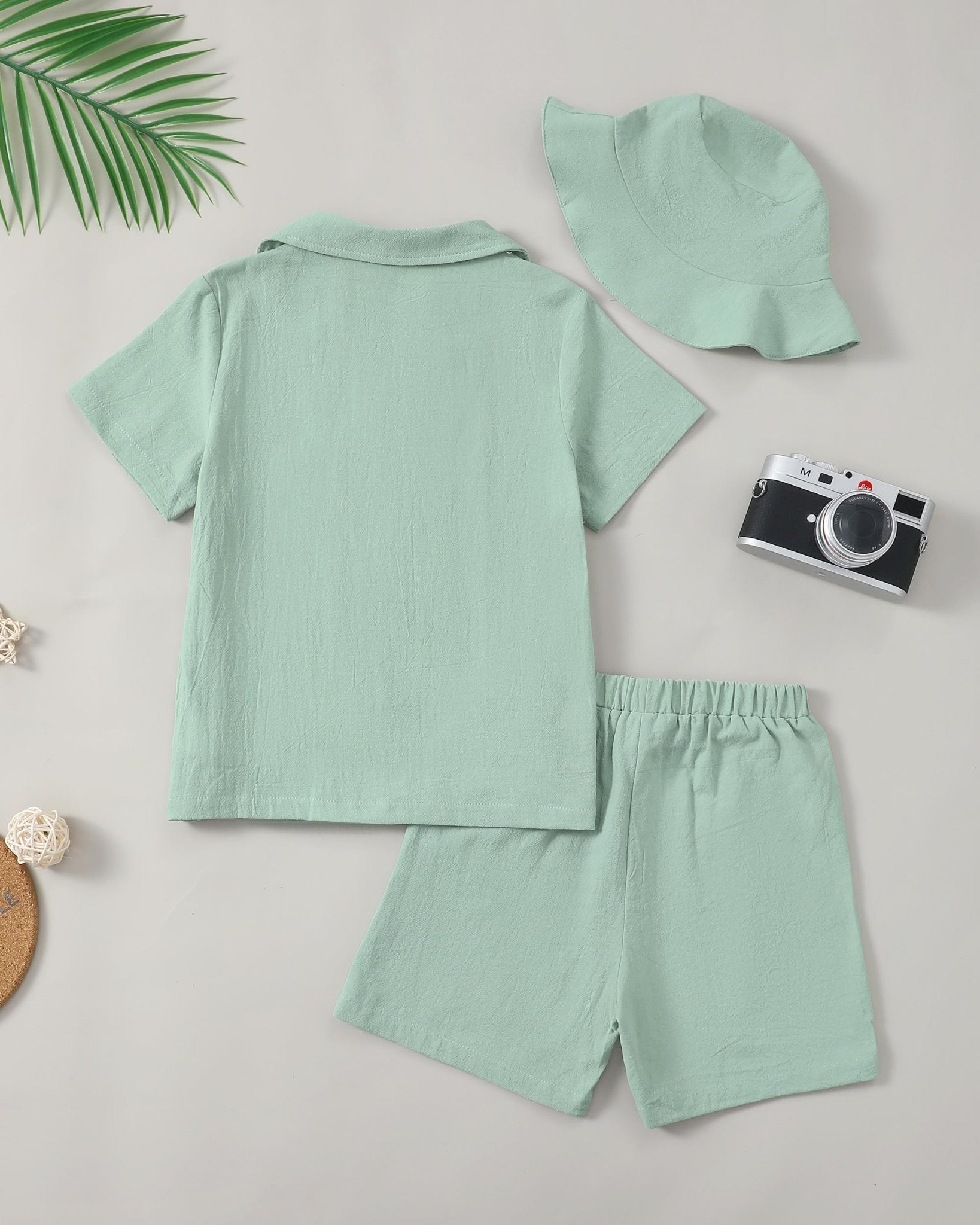 Boys Summer Clothes Linen Button Down Shirts And Short Set Big Kid Beach Vacation Short Sleeve Outfits With Hat