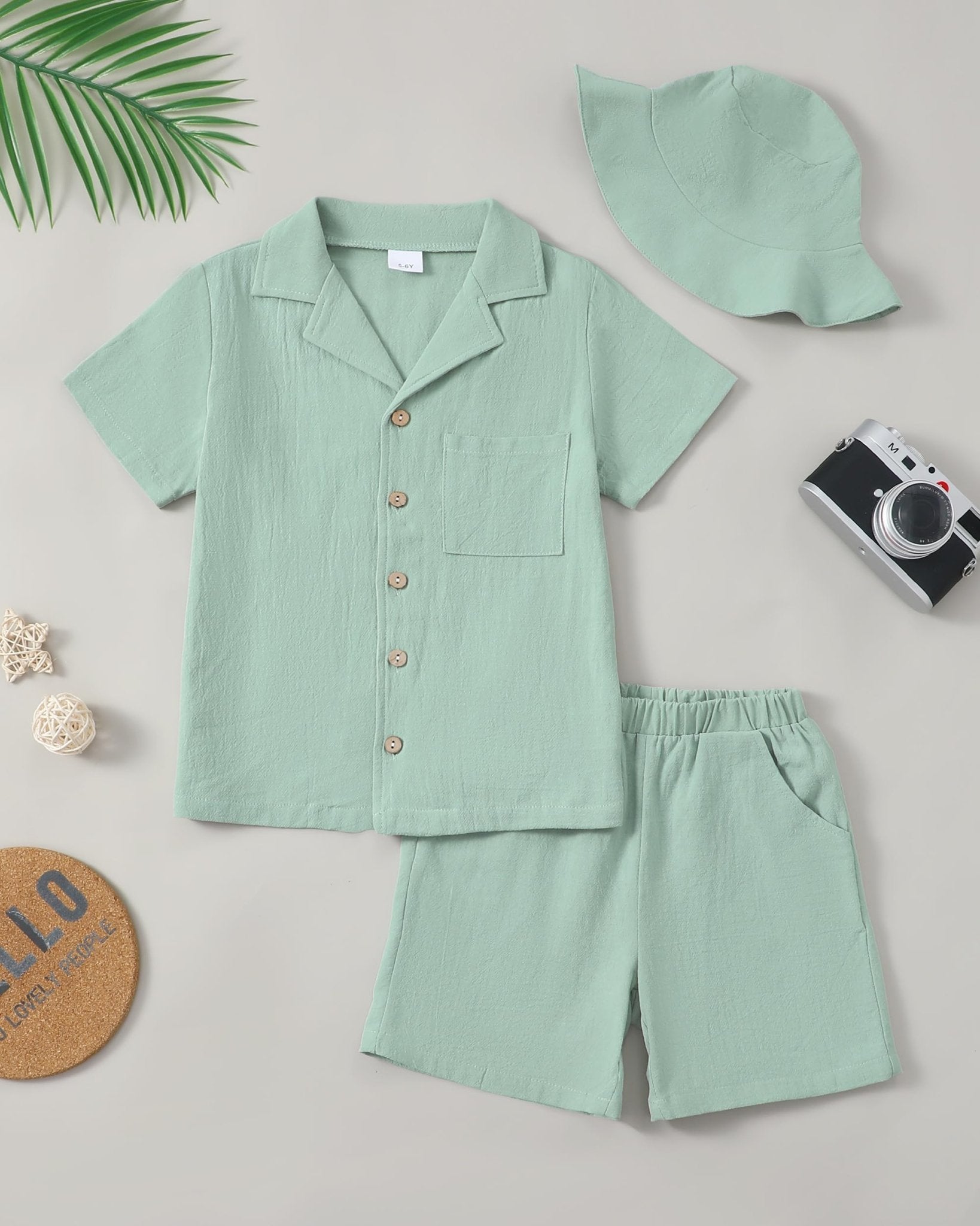 Boys Summer Clothes Linen Button Down Shirts And Short Set Big Kid Beach Vacation Short Sleeve Outfits With Hat