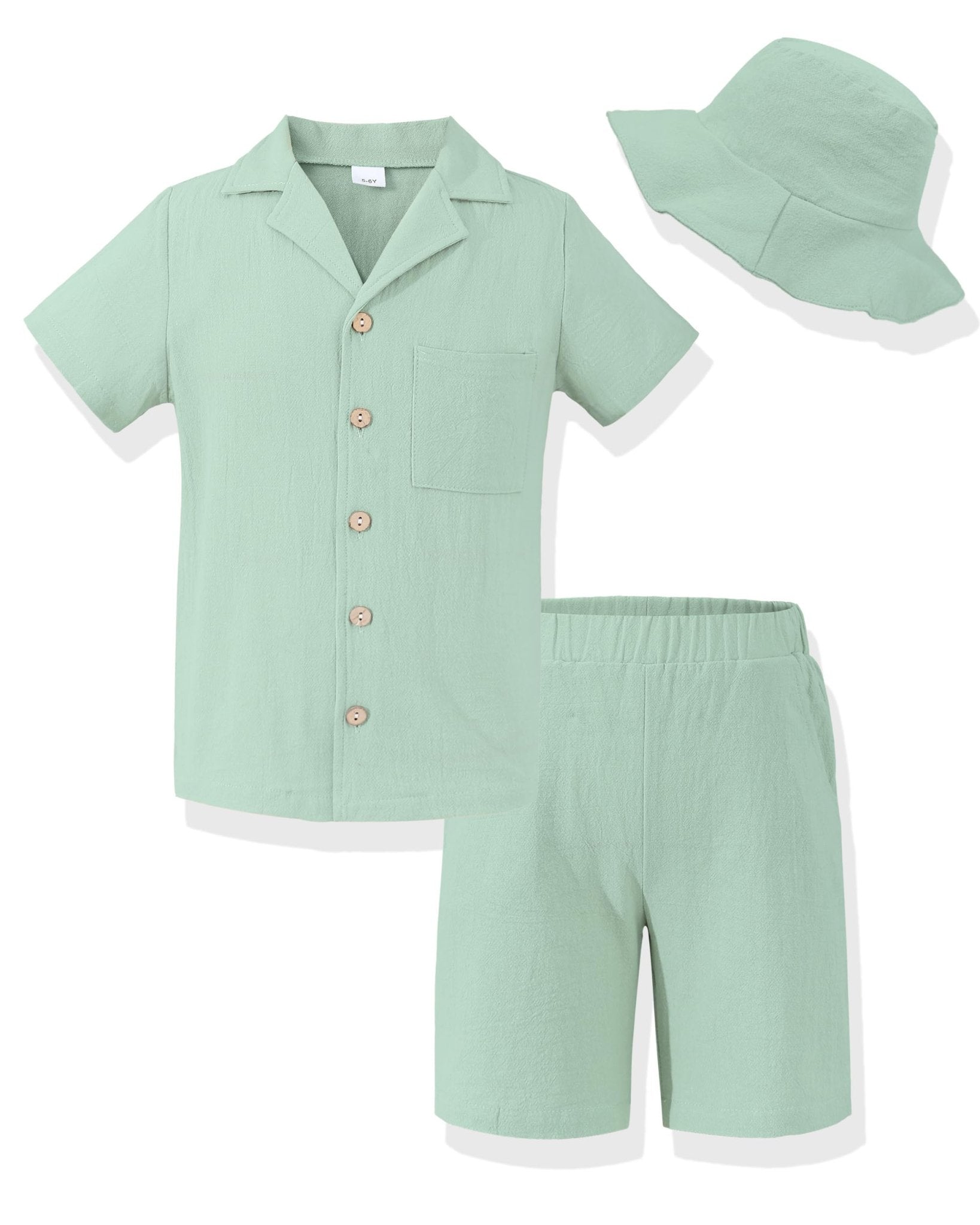 Boys Summer Clothes Linen Button Down Shirts And Short Set Big Kid Beach Vacation Short Sleeve Outfits With Hat