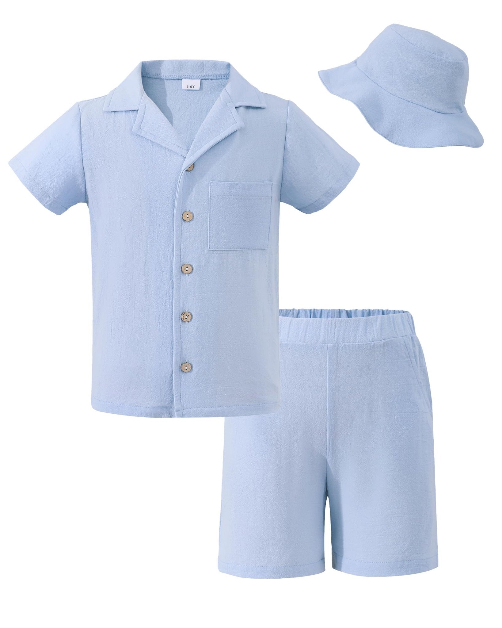 Boys Summer Clothes Linen Button Down Shirts And Short Set Big Kid Beach Vacation Short Sleeve Outfits With Hat