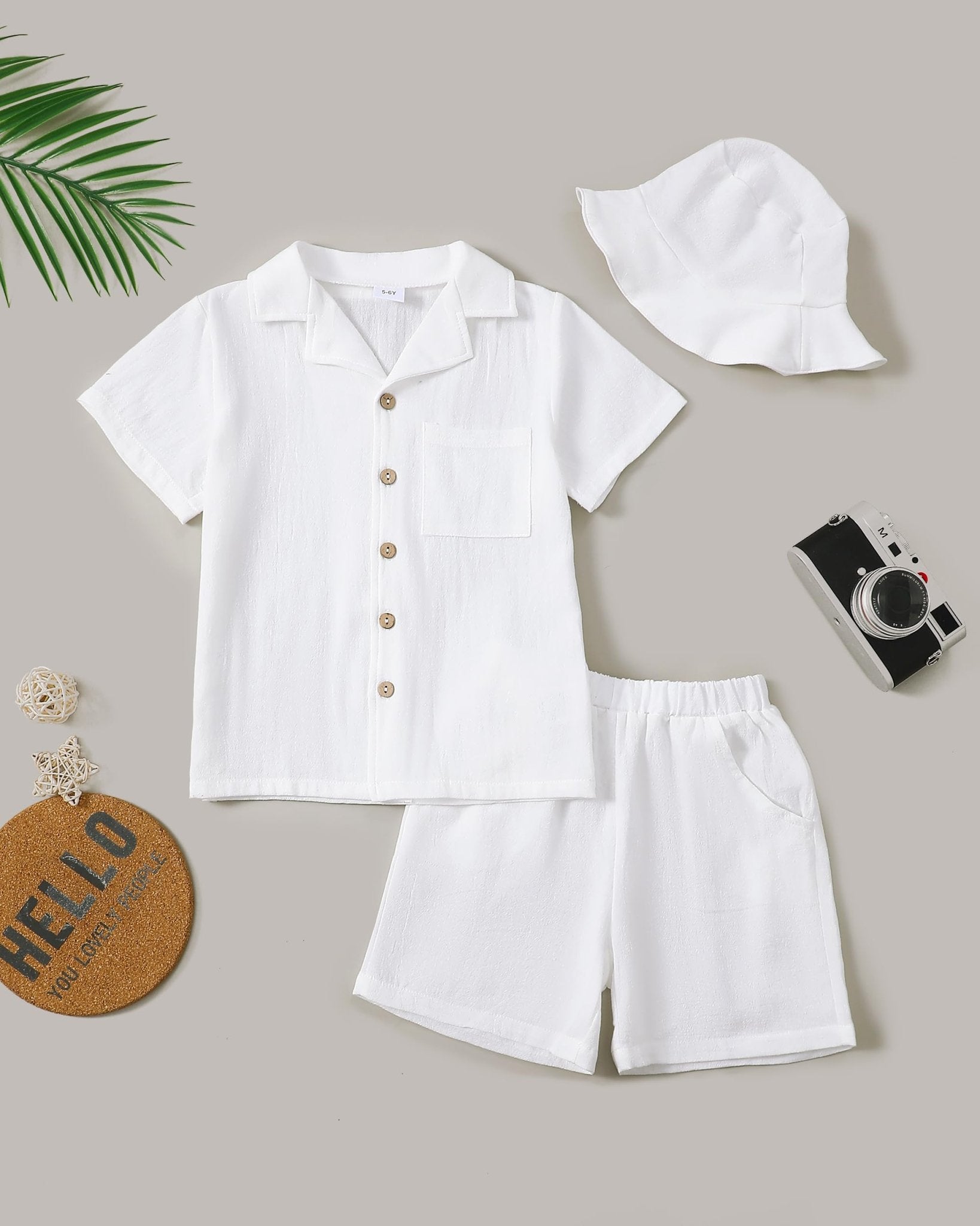 Boys Summer Clothes Linen Button Down Shirts And Short Set Big Kid Beach Vacation Short Sleeve Outfits With Hat
