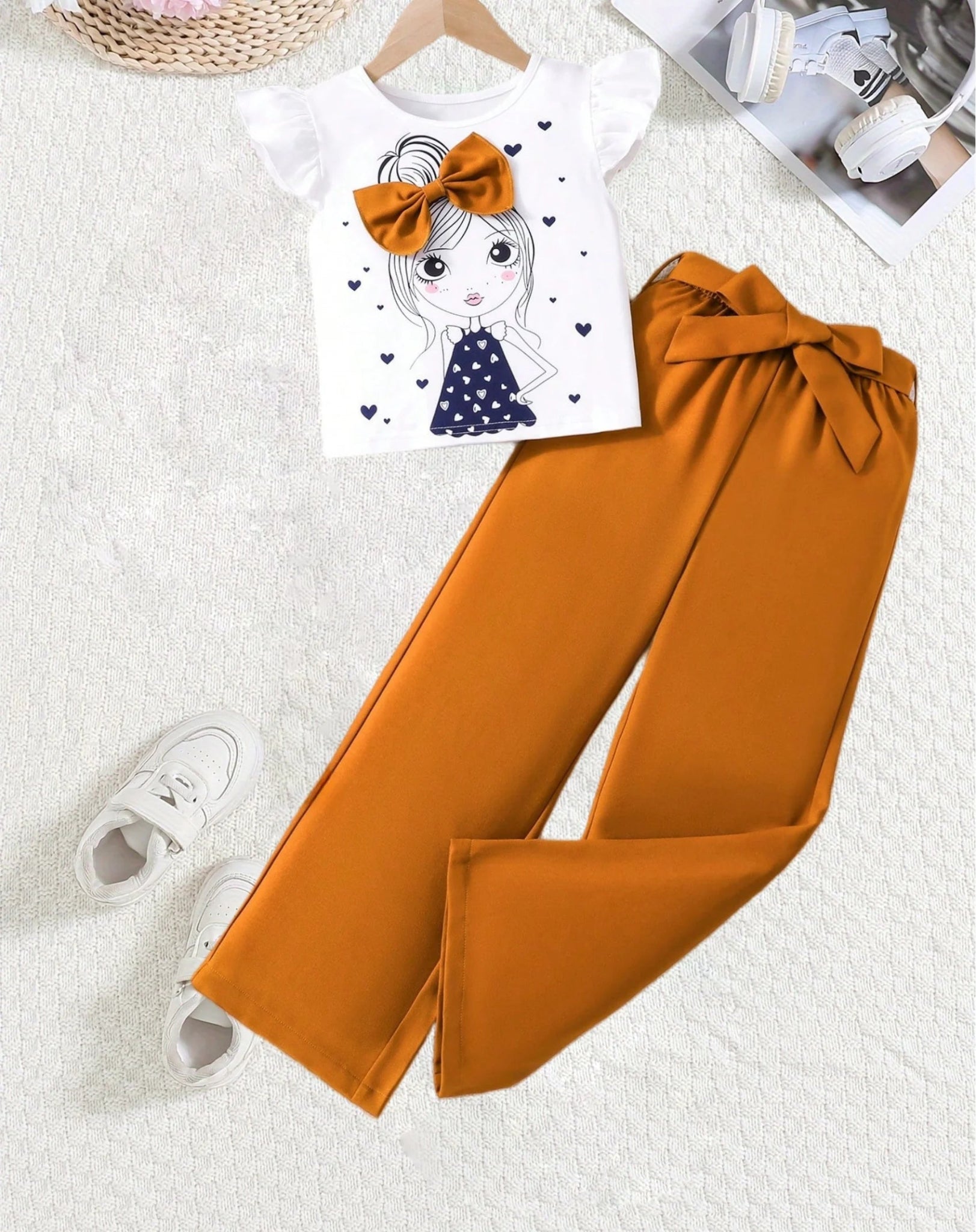 Girls Fashion Set: White Cartoon Print T-shirt with Bright Orange Bow Trousers