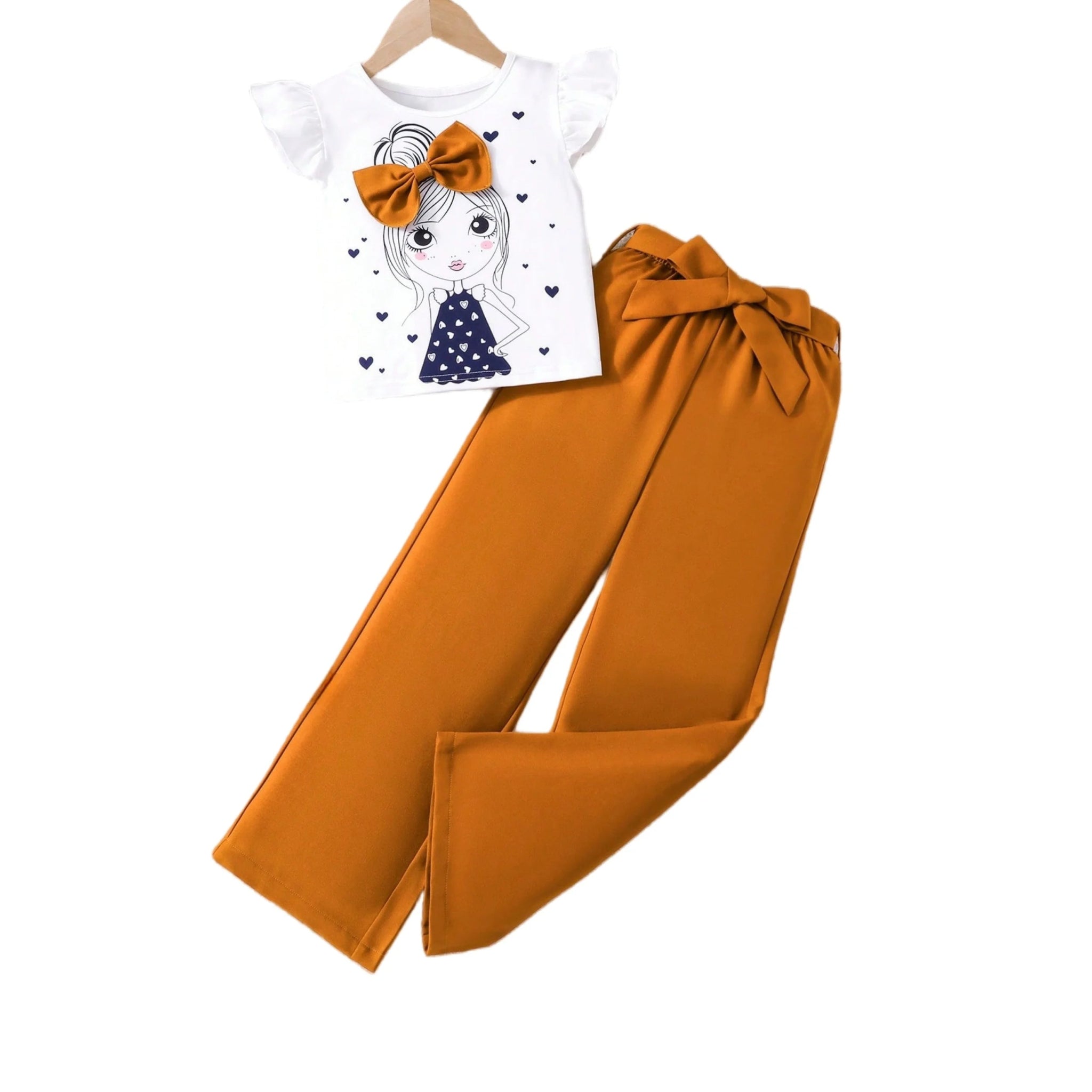 Girls Fashion Set: White Cartoon Print T-shirt with Bright Orange Bow Trousers