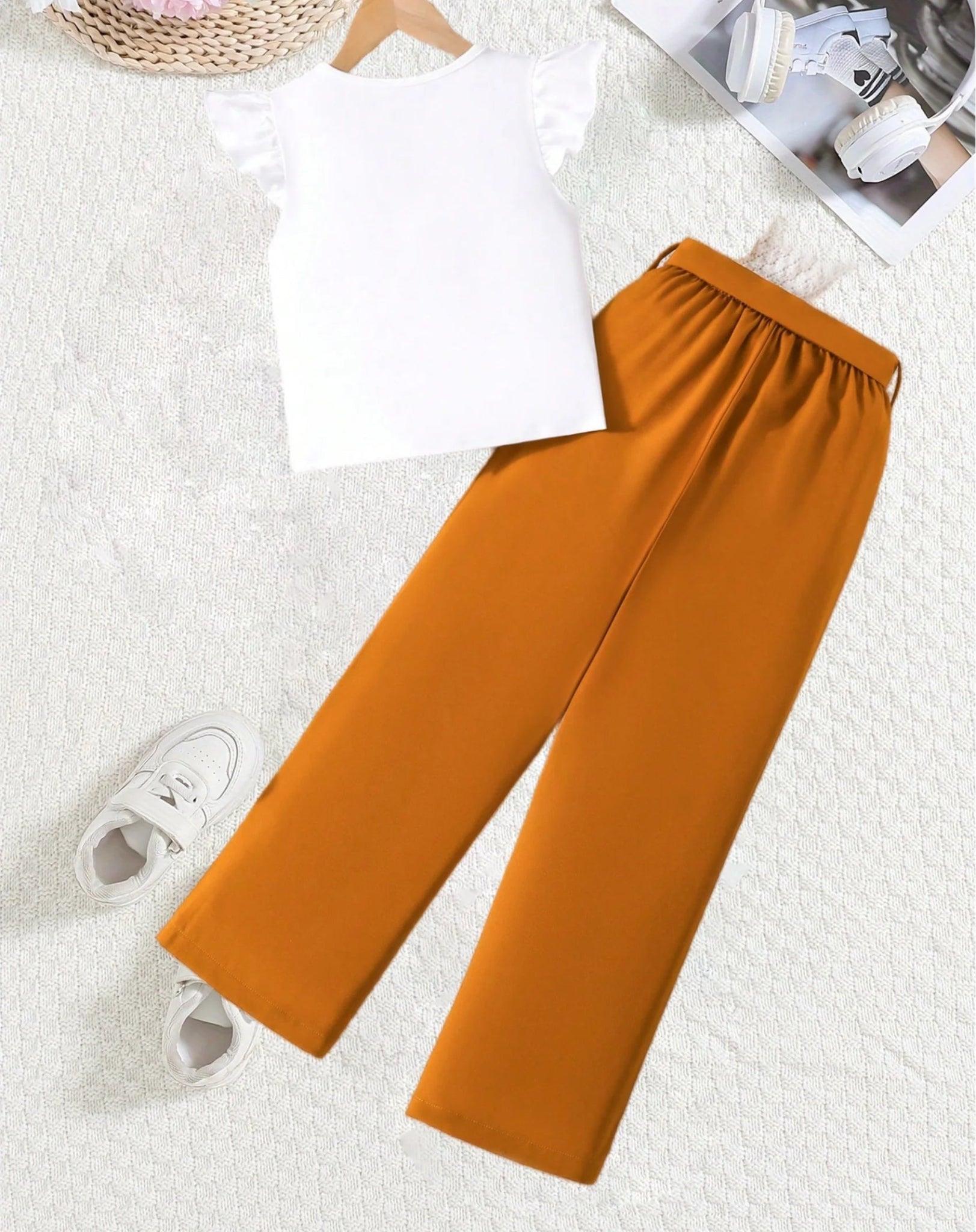 Girls Fashion Set: White Cartoon Print T-shirt with Bright Orange Bow Trousers