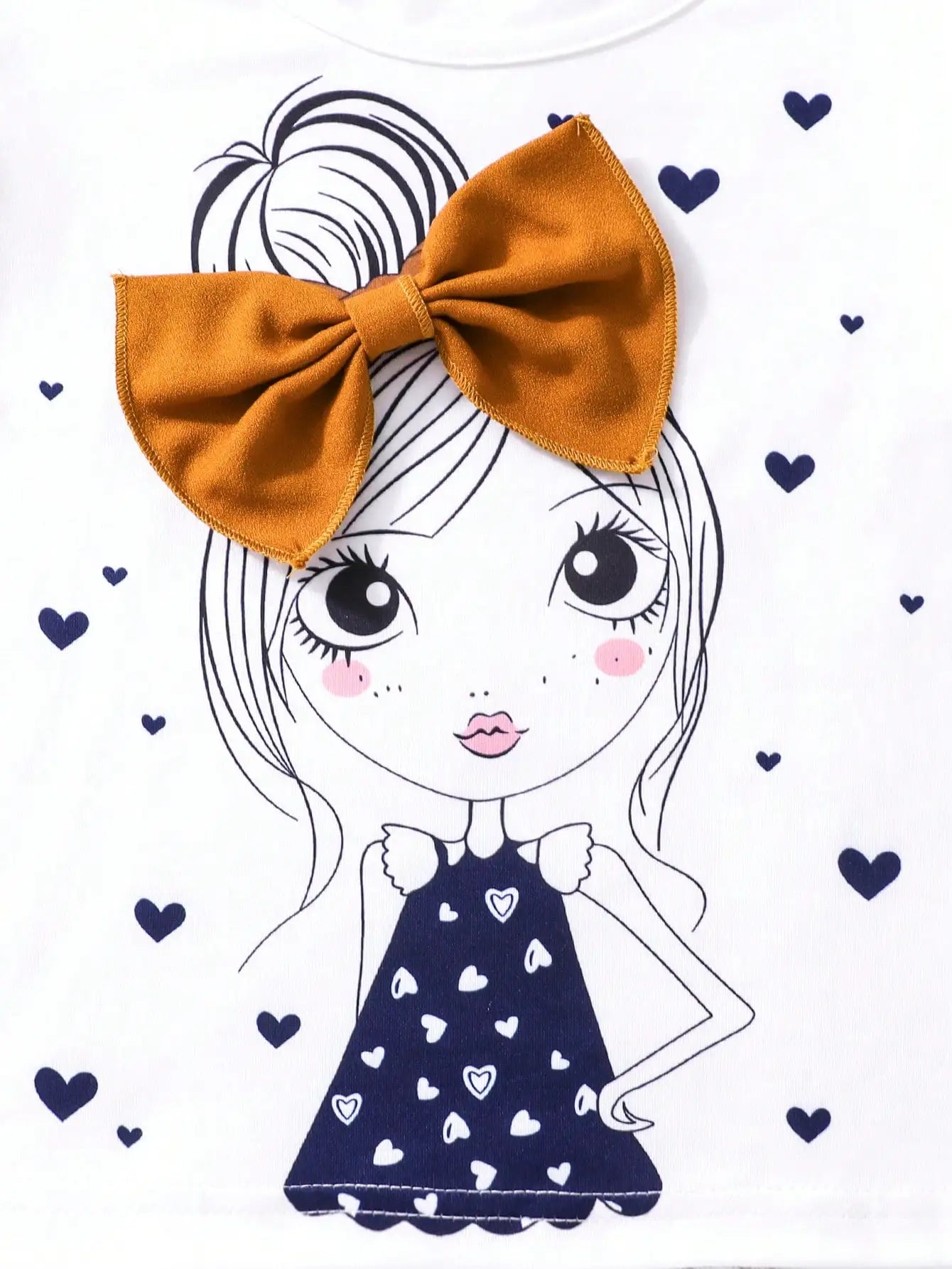 Girls Fashion Set: White Cartoon Print T-shirt with Bright Orange Bow Trousers