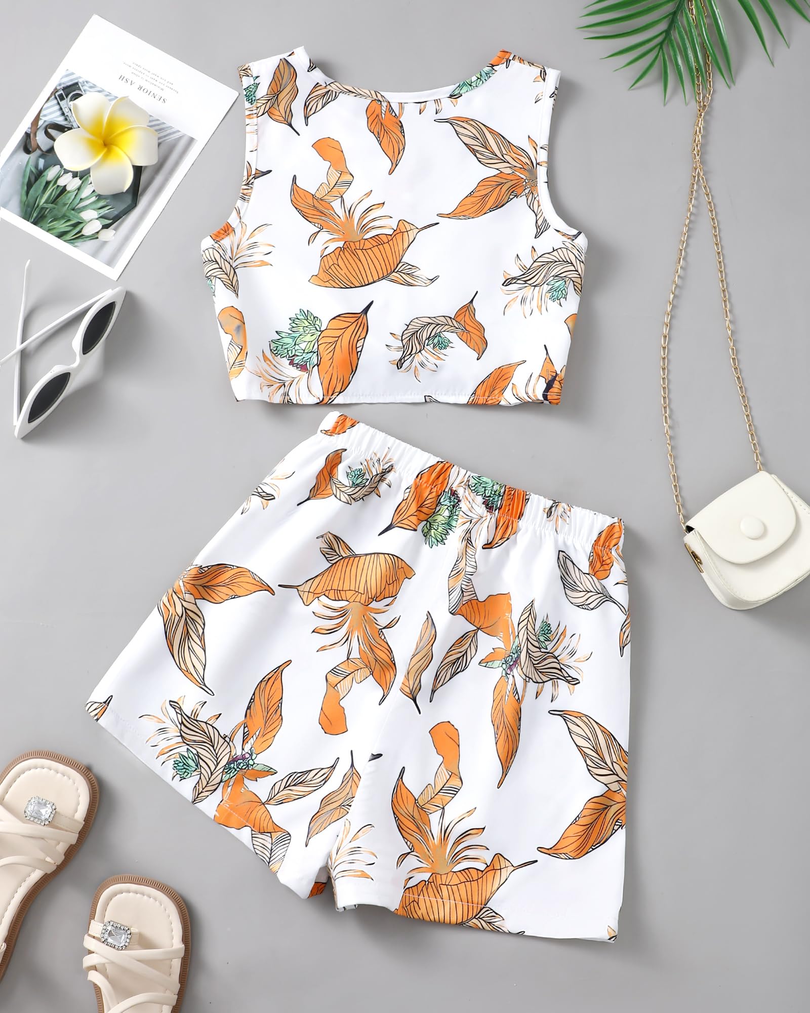 Girls Hawaiian Floral Crop Top and Shorts Summer Set