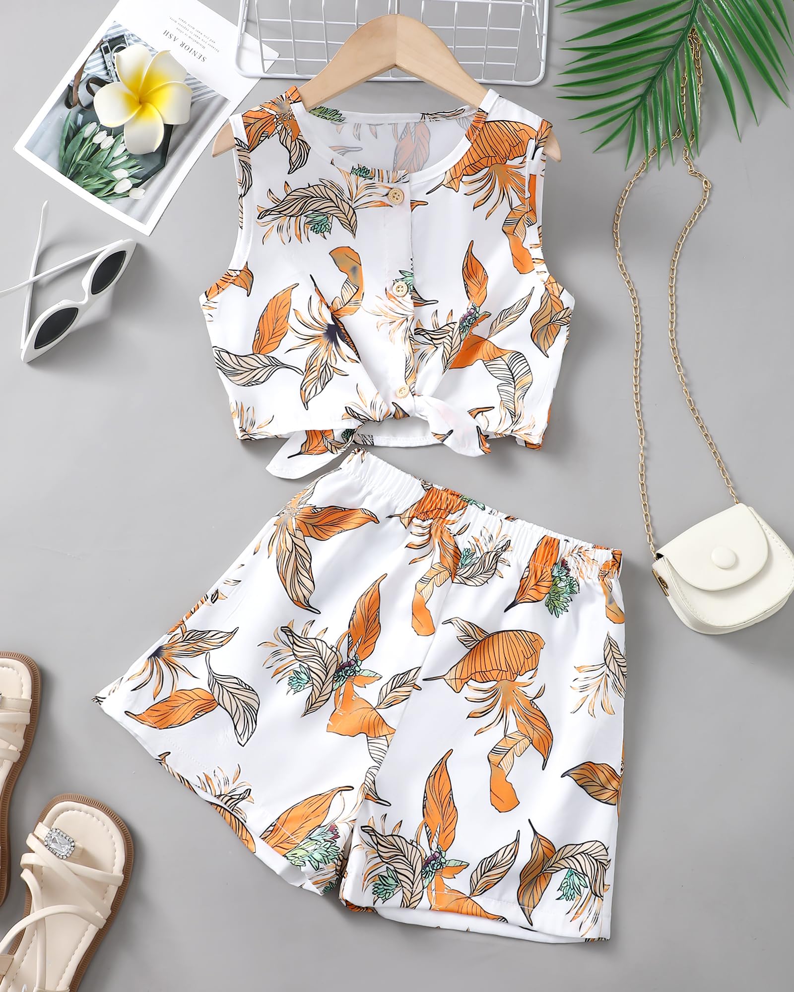 Girls Hawaiian Floral Crop Top and Shorts Summer Set