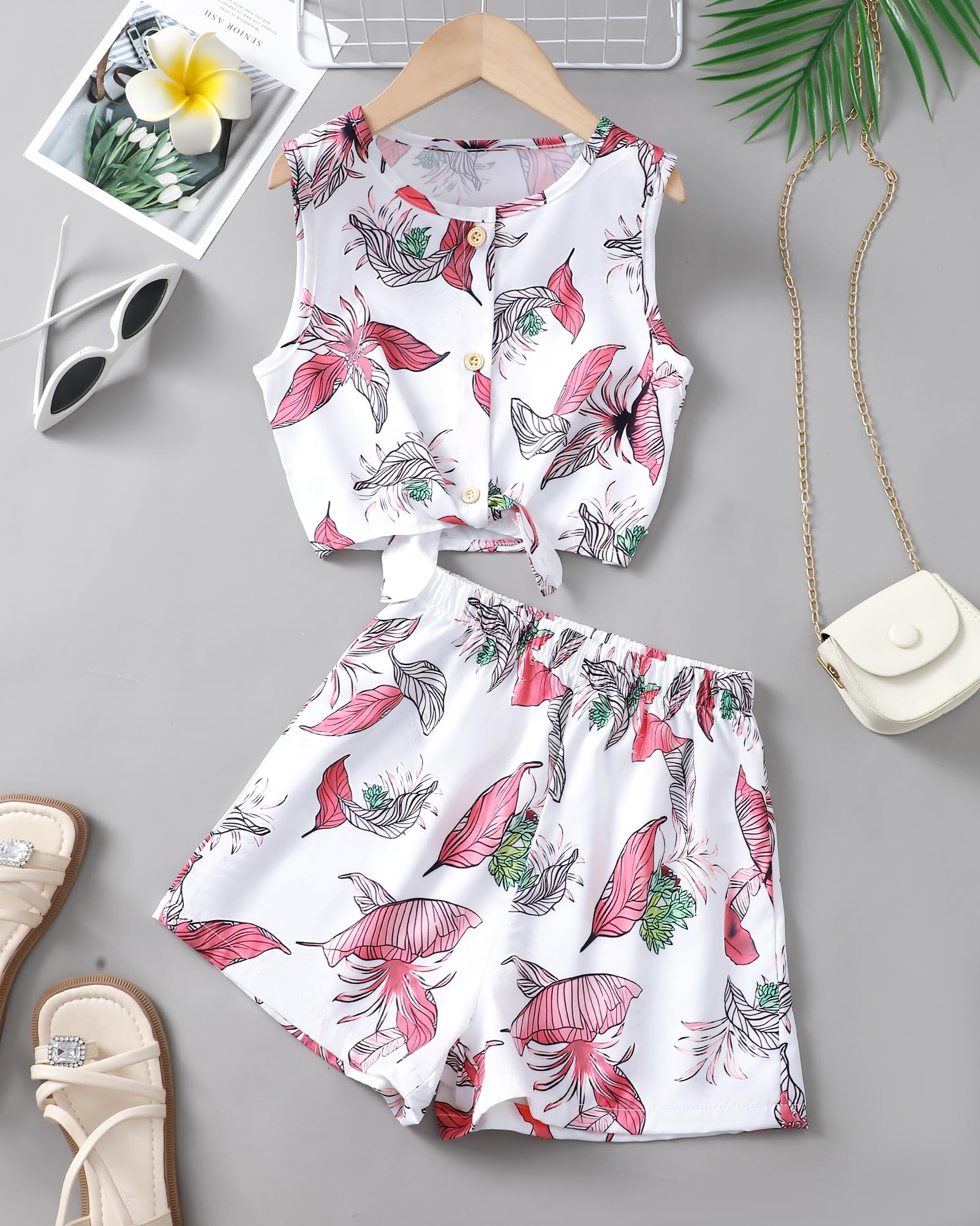 Girls Hawaiian Floral Crop Top and Shorts Summer Set