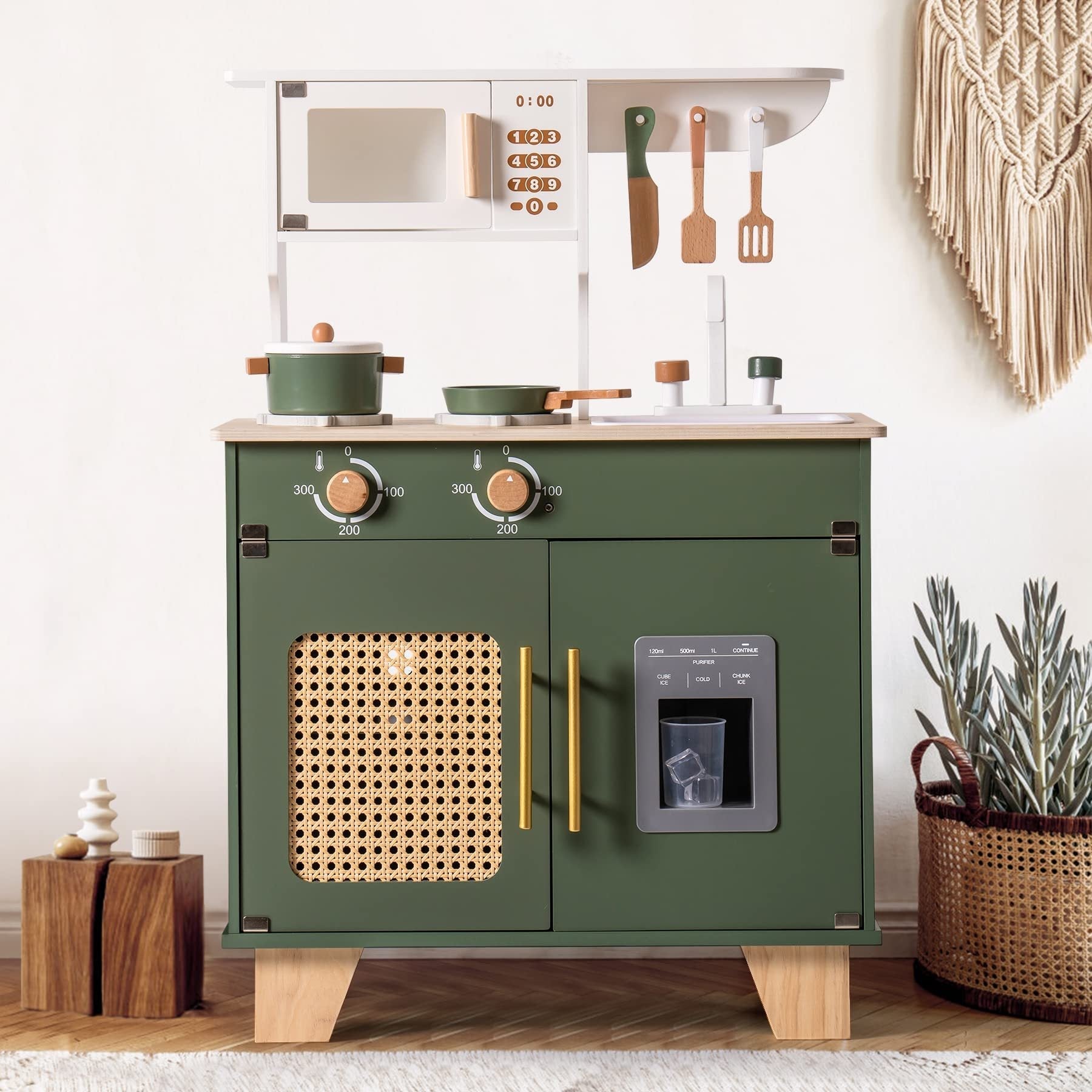 Green Wooden Play Kitchen Set with Accessories for Kids