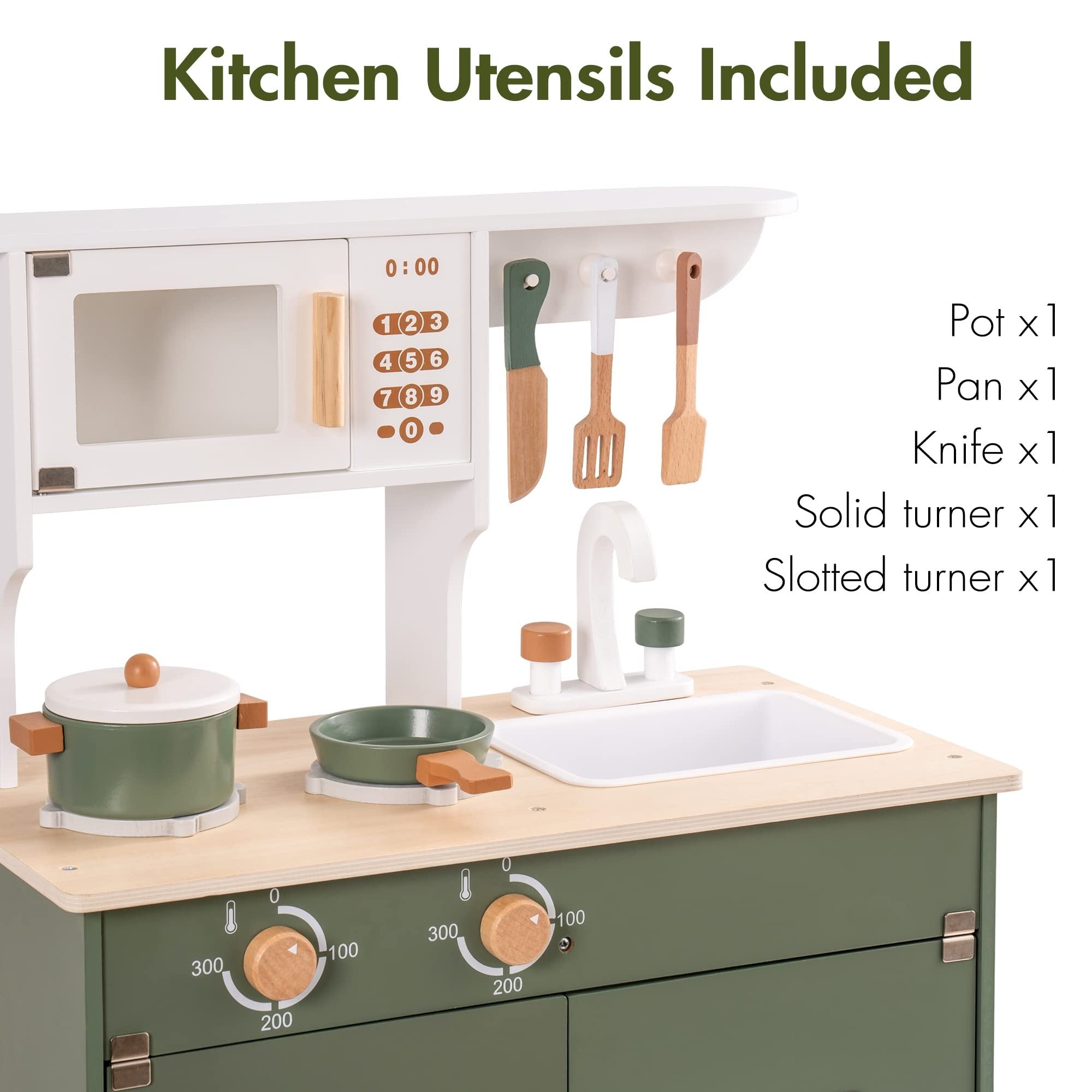 Green Wooden Play Kitchen Set with Accessories for Kids