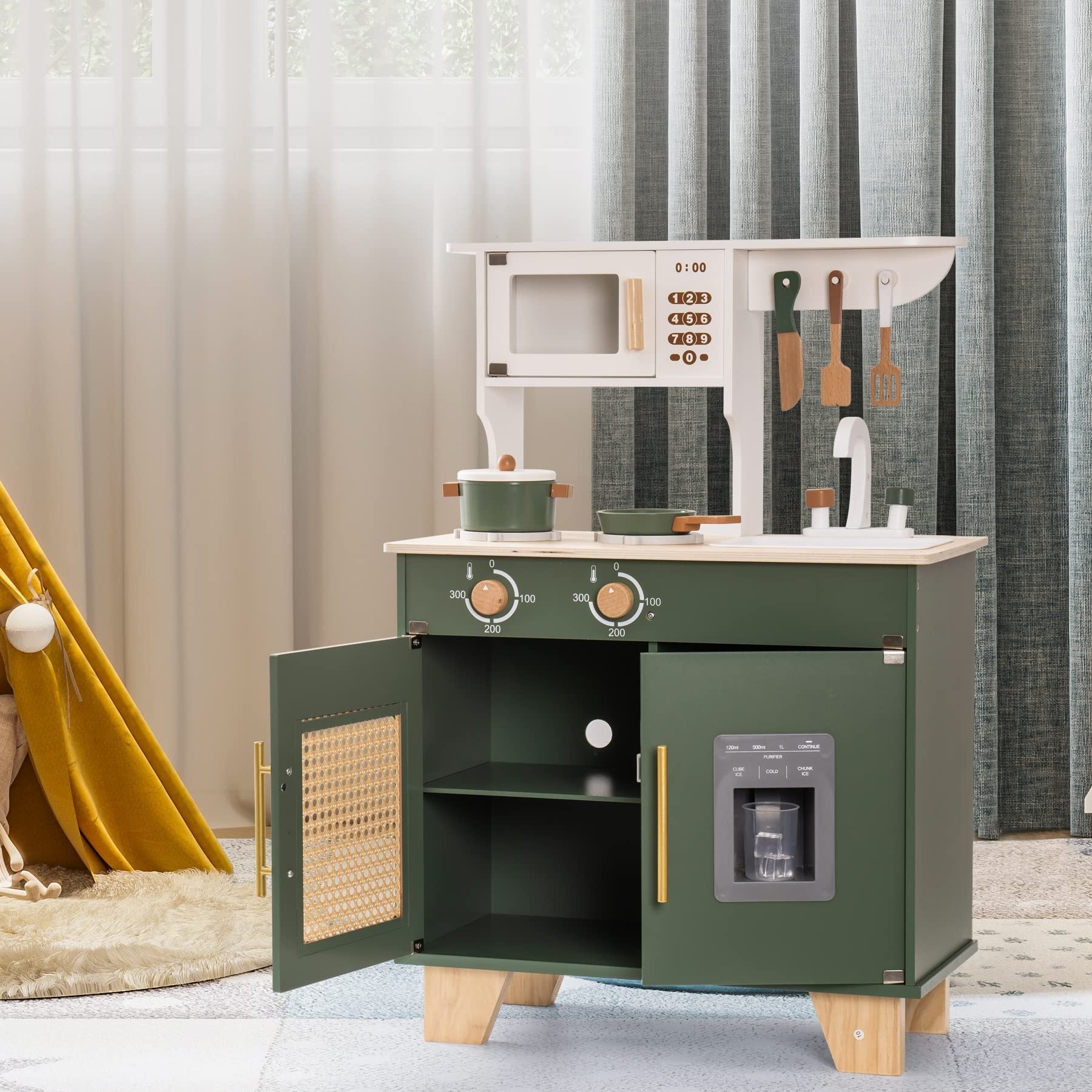 Green Wooden Play Kitchen Set with Accessories for Kids