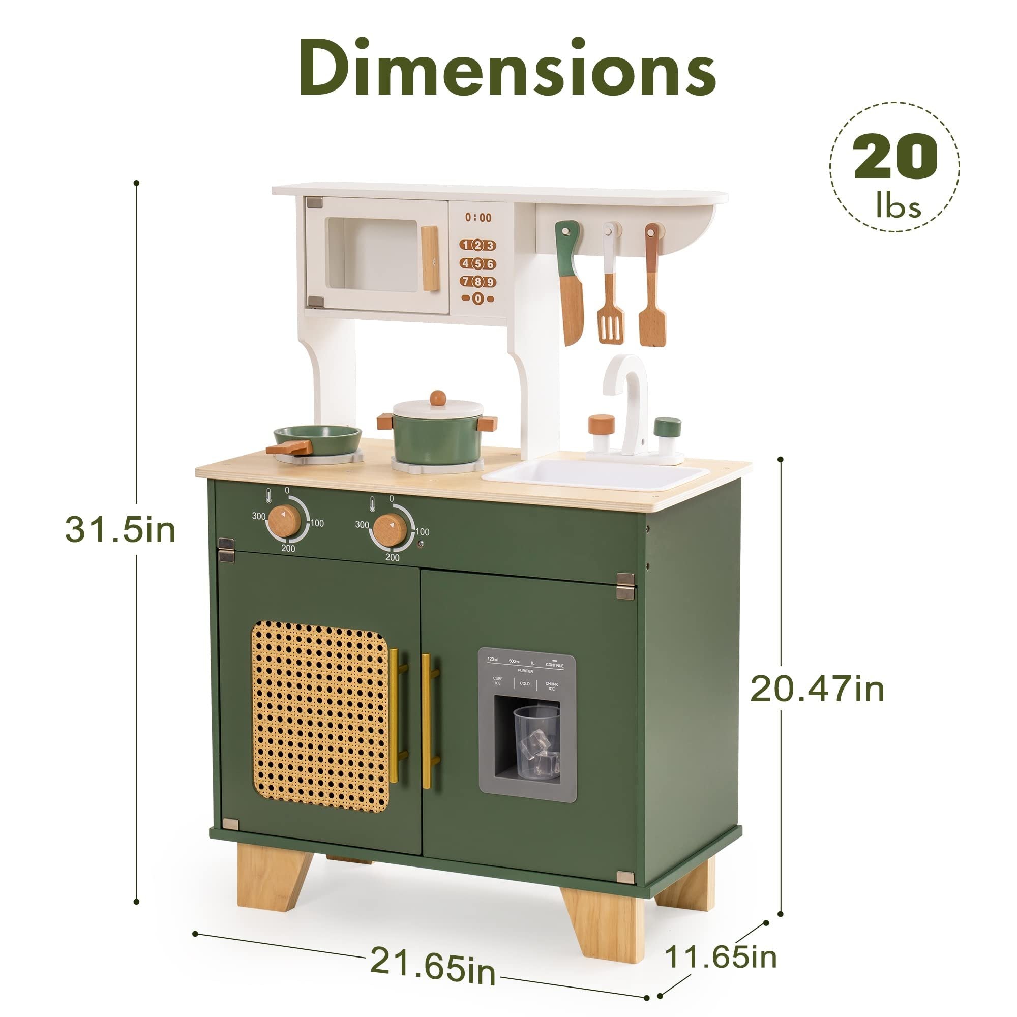 Green Wooden Play Kitchen Set with Accessories for Kids