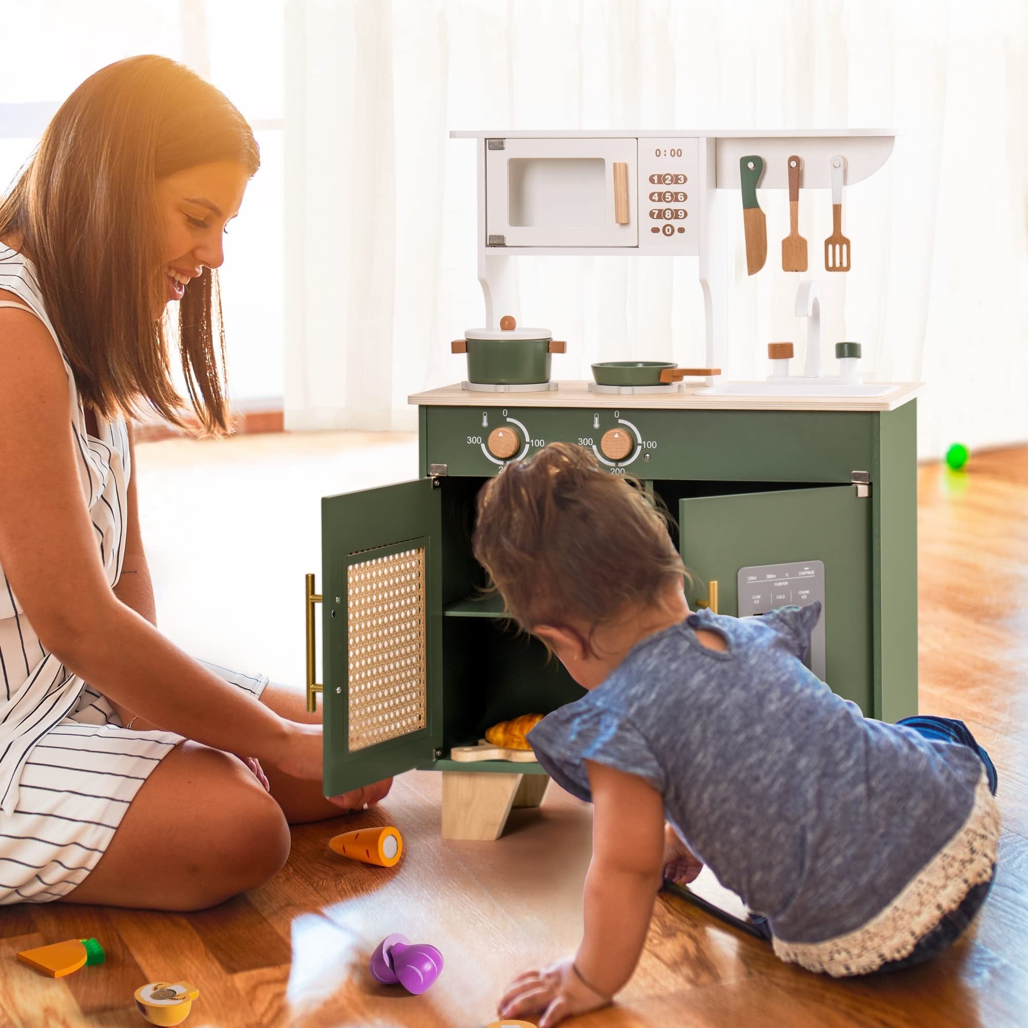 Green Wooden Play Kitchen Set with Accessories for Kids