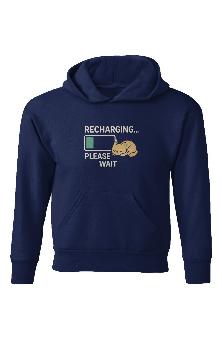“Recharging… Please Wait” Cat Hoodie – EcoSmart® Youth Pullover