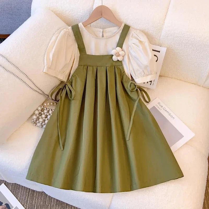 Girls Puff Sleeve Top and Pinafore Dress Summer Set