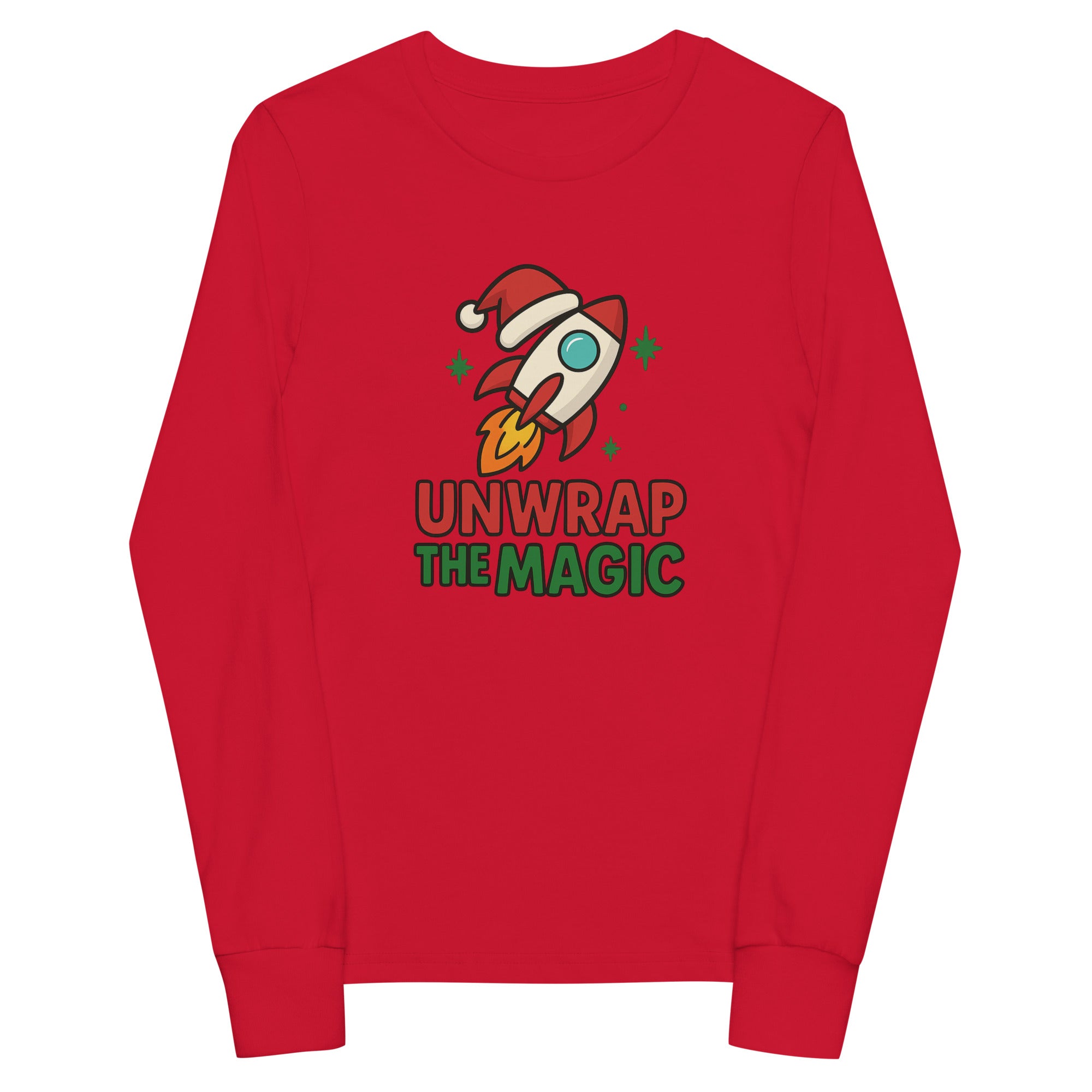 Rocketeer Kidz “Unwrap the Magic” Youth Long Sleeve Tee – Holiday Rocket Shirt for Kids