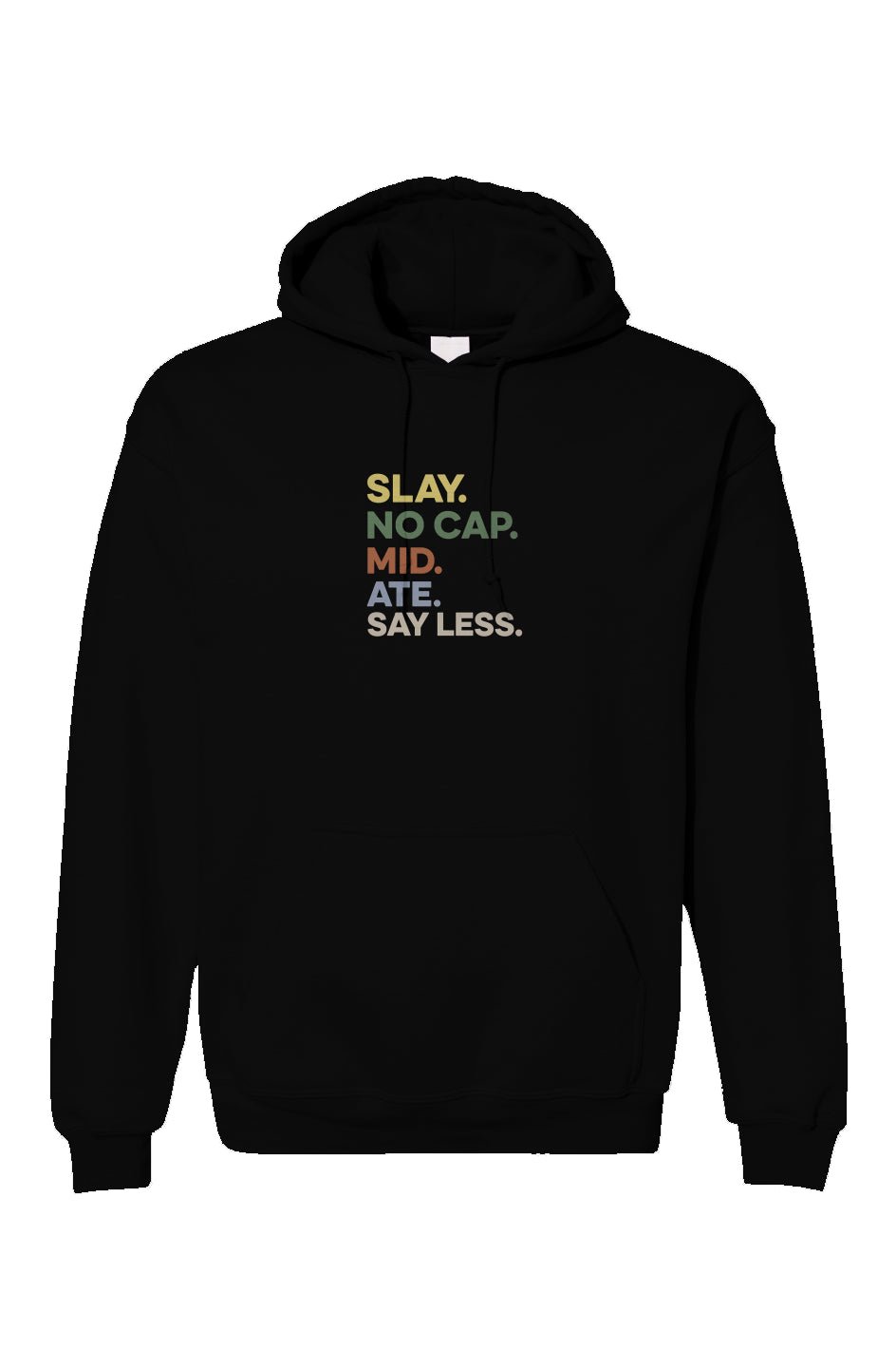 Slang Hoodie – “Slay. No Cap. Mid. Ate. Say Less.” Pullover